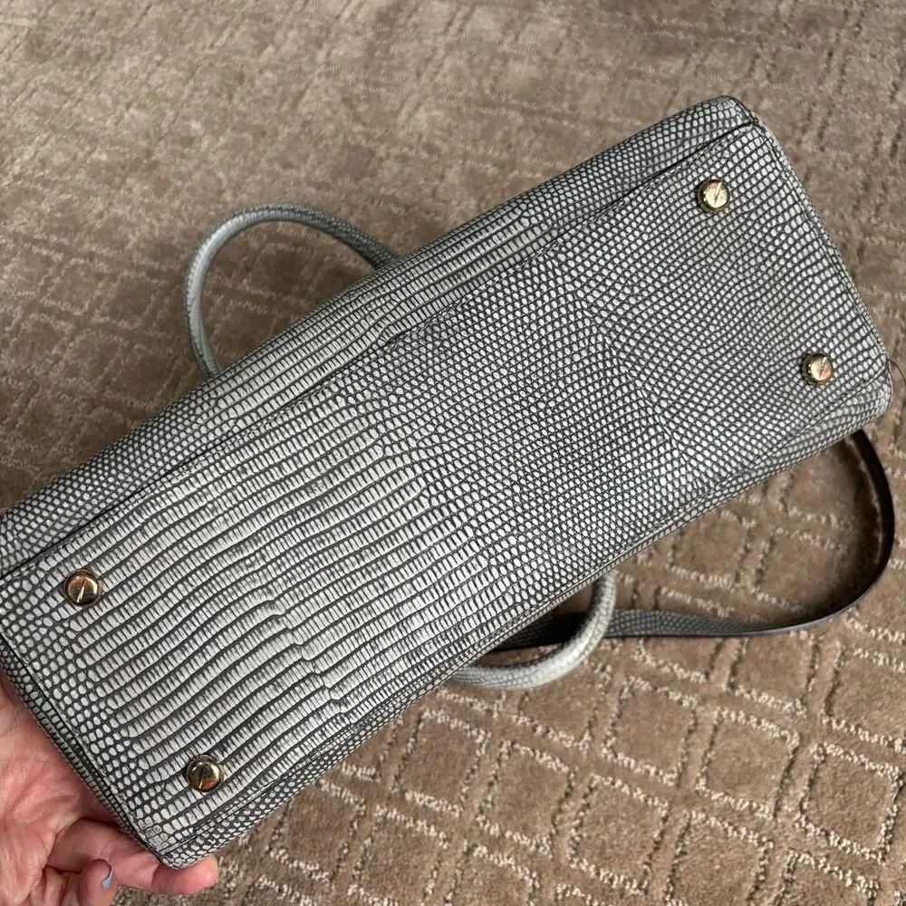Henri Bendel Embossed Leather Top Handle Crossbody Bag Gray Reptile Turnlock